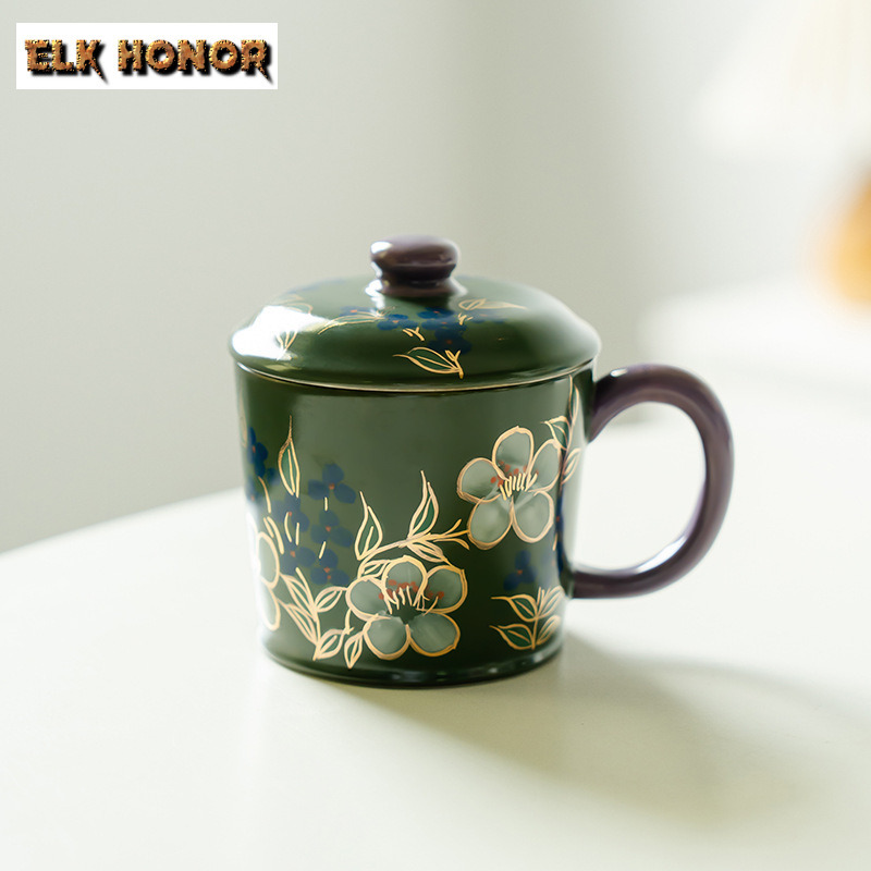 Coffee Jasmine Tea - แก้วกาแฟลายดอกมะลิเพ้นท์มือ 300 มล. พร้อมฝาปิด แก้วช็อคโกแลตร้อน แก้วน้ำสำหรับดื่มชาตอนบ่าย
