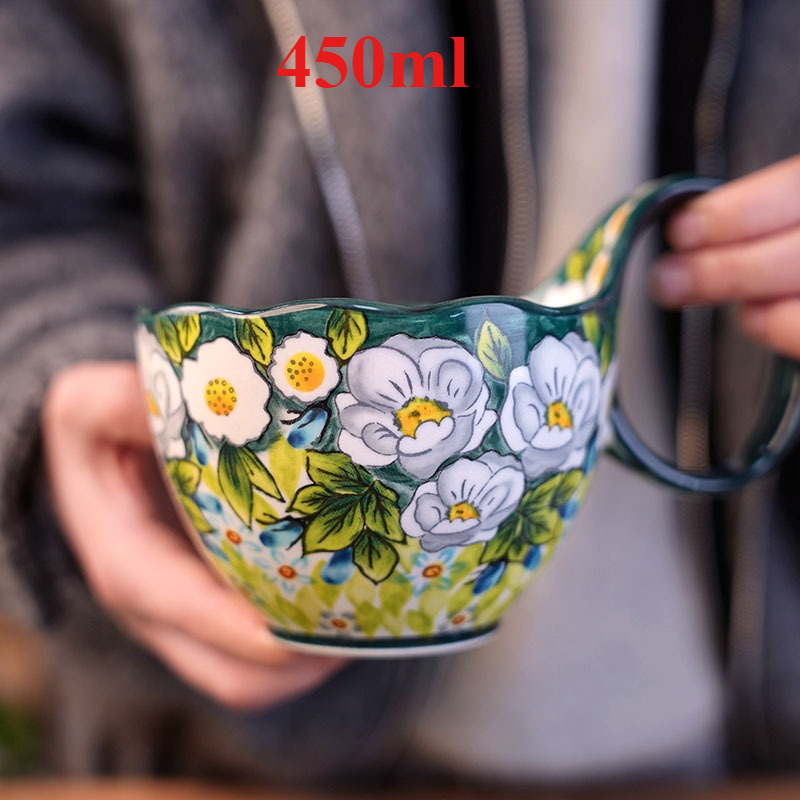 Coffee Jasmine Tea - Jasmine Underglaze แก้วเซรามิคพร้อมช้อน,แก้วกาแฟด้ามขนาดใหญ่,ถ้วยนมอาหารเช้าความจุขนาดใหญ่,ถ้วยชาของขวัญวันเกิด