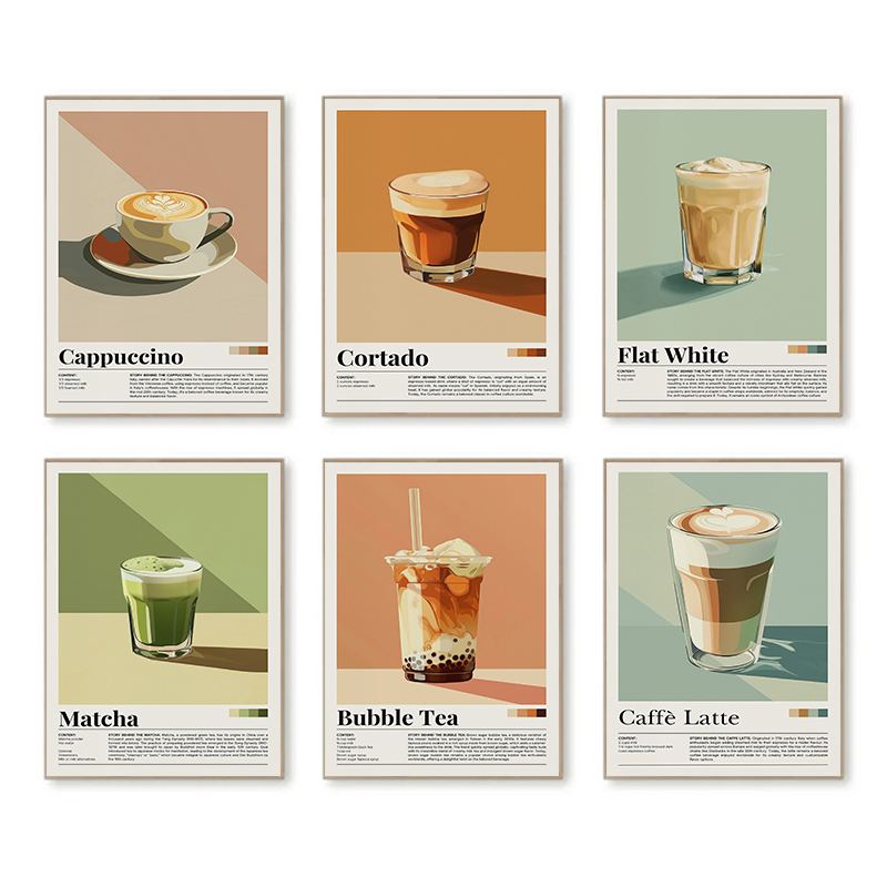 Coffee Tea Poster - Vintage กาแฟเครื่องดื่มโปสเตอร์ชาฟอง Matcha Cortado Cappuccino ผ้าใบพิมพ์ภาพผนังศิลปะสําหรับห้องนั่งเล่นตกแต่งบ้าน