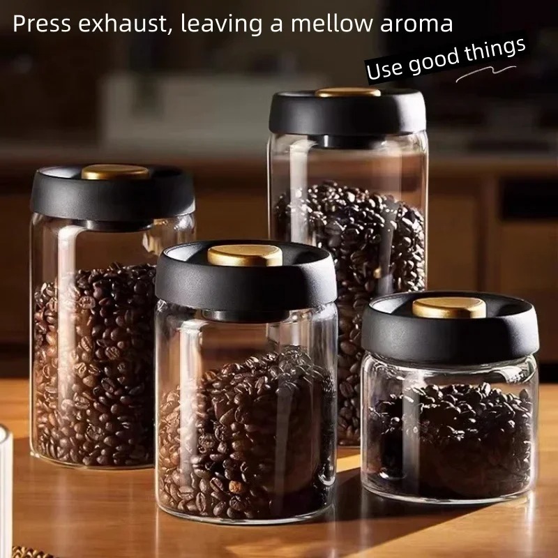 Coffee Tea Organizer - โถเก็บกาแฟสุญญากาศแบบแมนนวล ทำจากแก้วบอโรซิลิเกตคุณภาพสูง ป้องกันความชื้น สำหรับเก็บชาและกาแฟในครัว