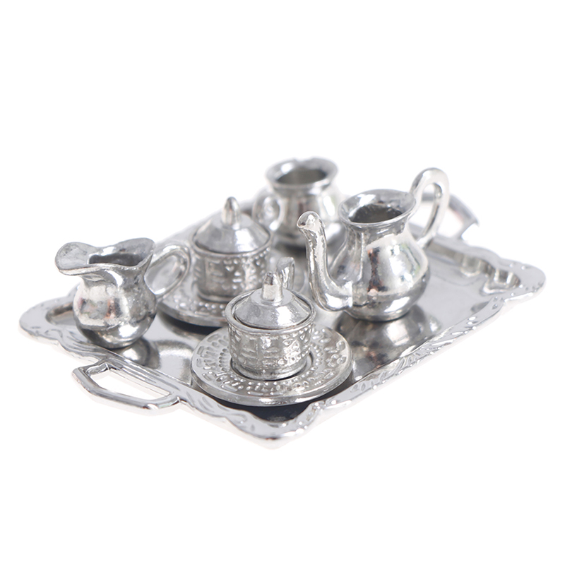 Coffee Tea Catering - 10 ชิ้น/เซ็ต 1/12 Dollhouse Miniature โลหะเงินชากาแฟถาดชุดบนโต๊ะอาหารสําหรับตุ๊กตา