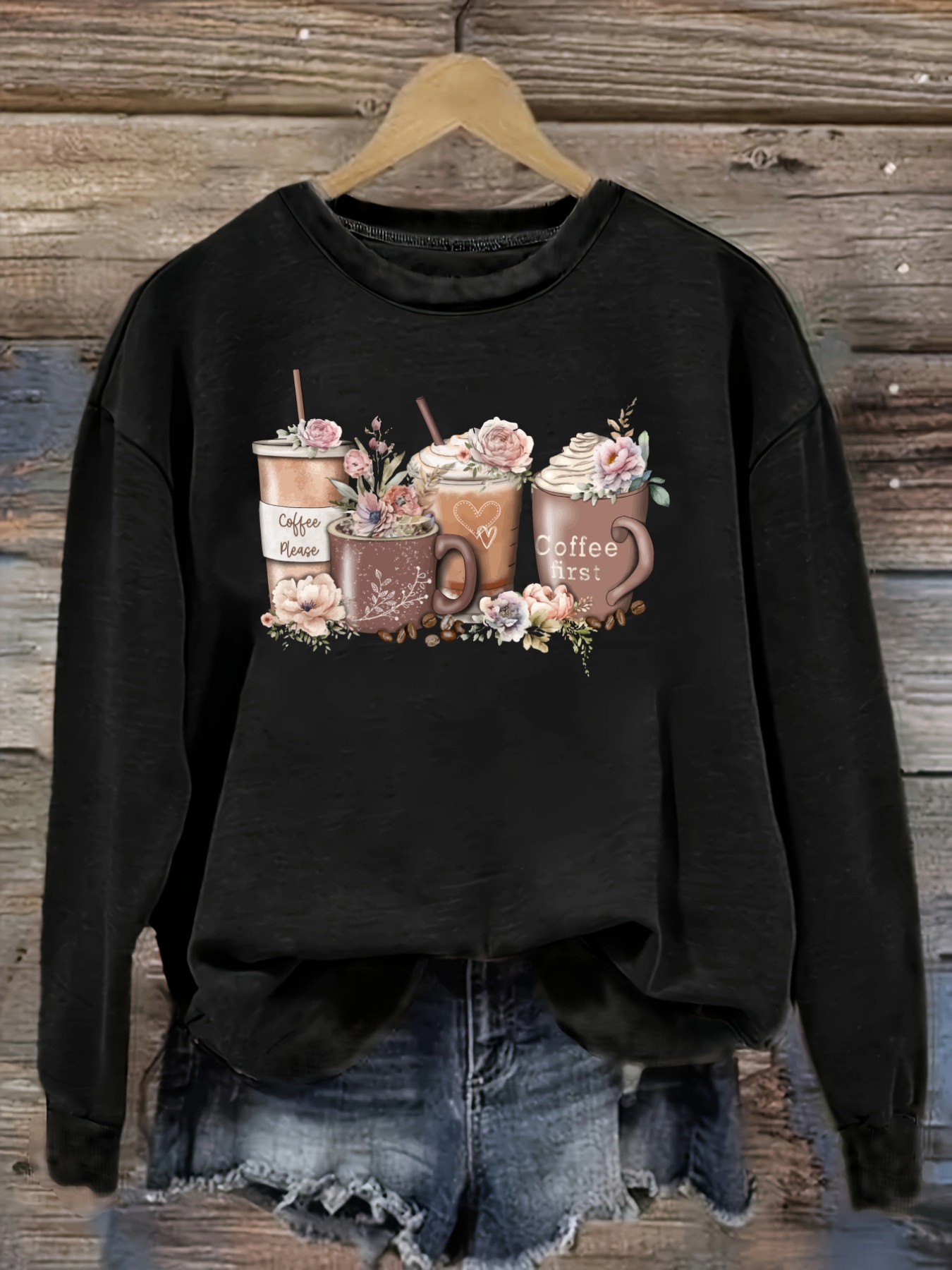 Coffee & Tea Ken'S House - เสื้อยืดแขนยาวคอกลมลายดอกไม้และแก้วกาแฟสำหรับผู้หญิง, เสื้อผ้าผู้หญิงคอกลม, ซักเครื่องได้, ยืดหยุ่นเล็กน้อย, ทรงหลวม, เสื้อยืดผู้หญิงสำหรับฤดูใบไม้ผลิ