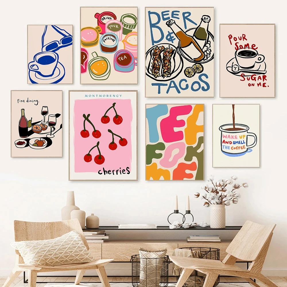 Coffee Tea Poster - ร้านกาแฟชายามบ่าย Croissant ถ้วยกาแฟที่มีสีสัน Retro โปสเตอร์ผ้าใบภาพวาดห้องครัวตกแต่งบ้านของขวัญ
