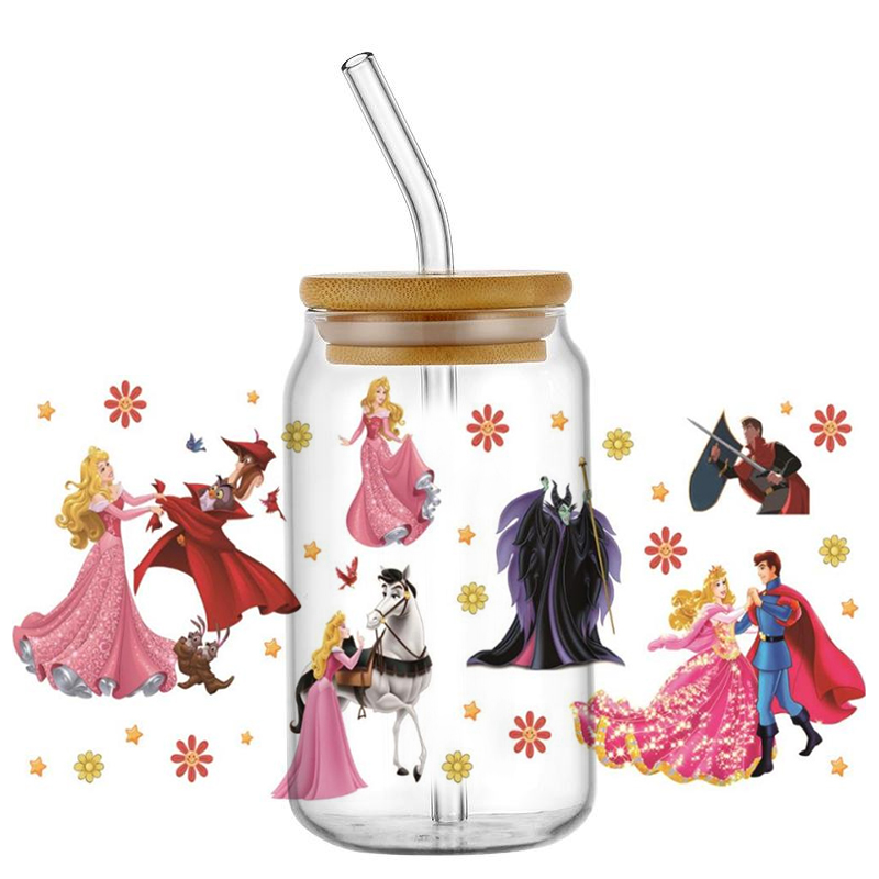 Coffee And Tea Glass - สติกเกอร์ UV DTF ลายเจ้าหญิงออโรร่าและแม่มด ดีไซน์สวยงาม กันน้ำ