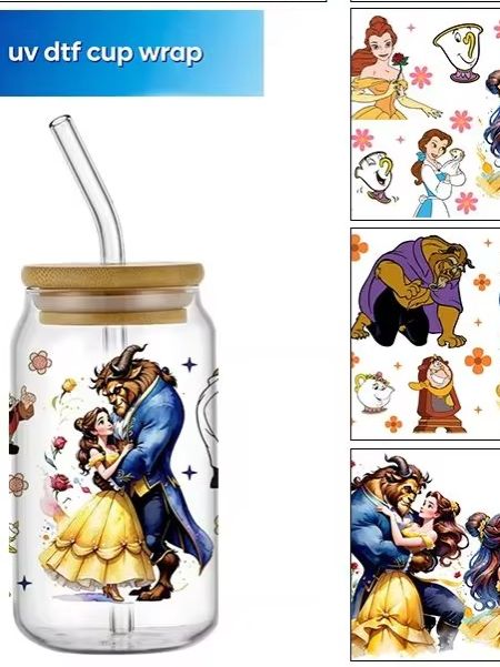 Coffee And Tea Glass - สติ๊กเกอร์ลายการ์ตูนเจ้าหญิงยอดนิยม UV DTF สำหรับแก้ว Libbey ขนาด