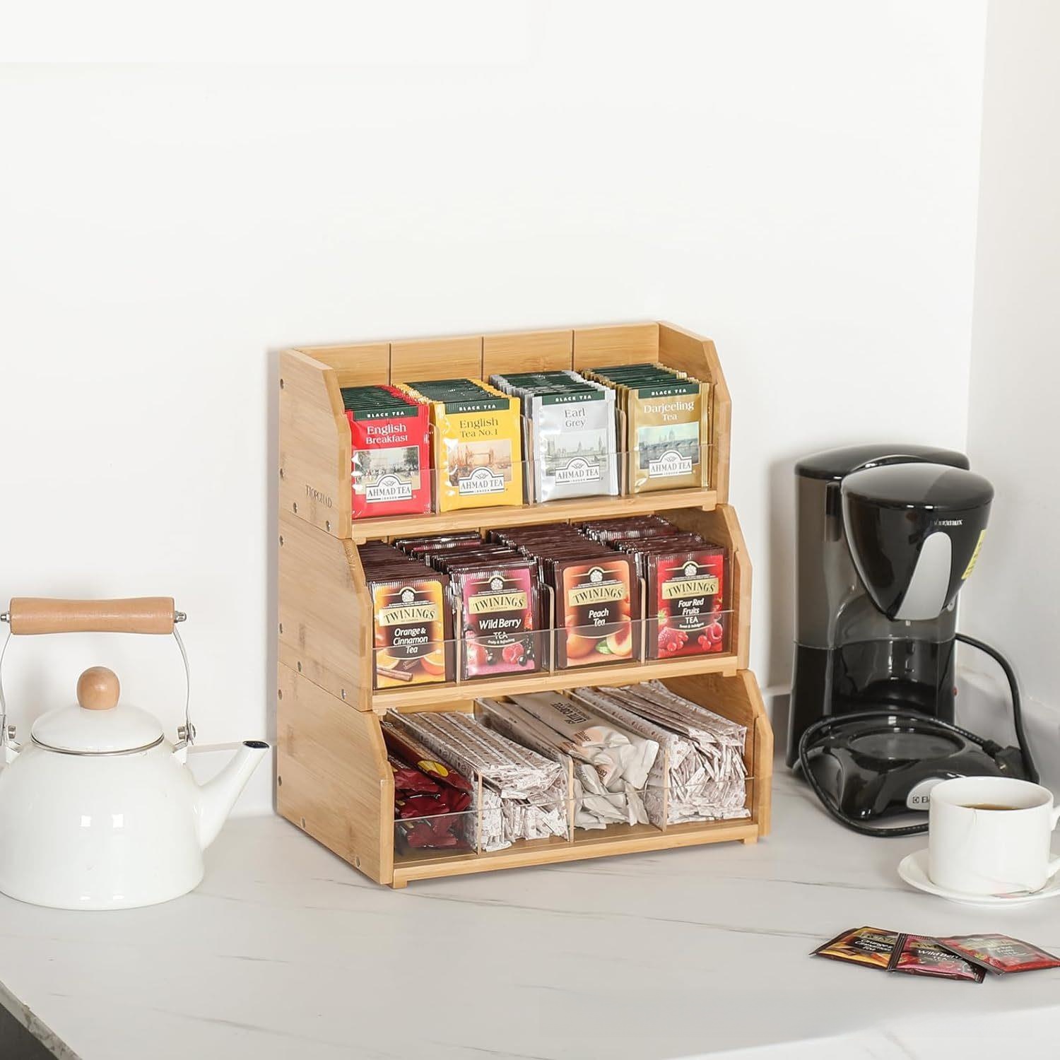 Coffee Tea Organizer - กล่องเก็บถุงชาไม้ไผ่ ชั้นวางถุงกาแฟสามชั้น ชั้นวางโชว์กาแฟ สถานีกาแฟ ห้องชา กล่องเก็บกาแฟแคปซูล