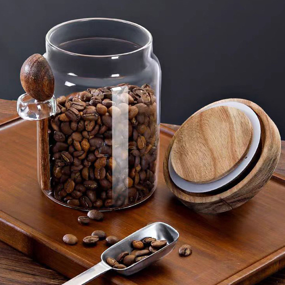 Coffee And Tea Glass - โถเก็บอาหารแก้วใสพร้อมฝาไม้ปิดสนิท ภาชนะใส่กาแฟ โถใส่ชา โถเก็บธัญพืช สำหรับห้องครัว