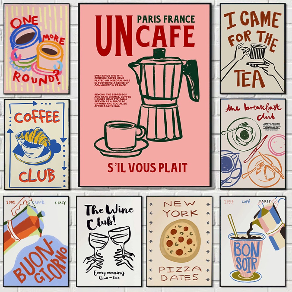 Coffee Tea Poster - ร้านกาแฟ น้ำชายามบ่าย ครัวซองต์ ถ้วยกาแฟหลากสี โปสเตอร์ย้อนยุค ภาพวาดบนผ้าใบ