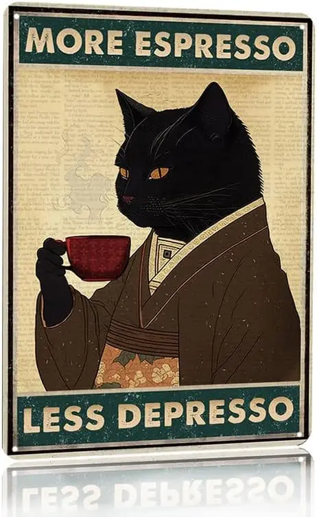 Coffee Tea Poster - ป้ายโลหะวินเทจลายแมวดำ กาแฟ เอสเพรสโซ น้อยลง ดีเพรสโซมากขึ้น ป้ายติดผนัง