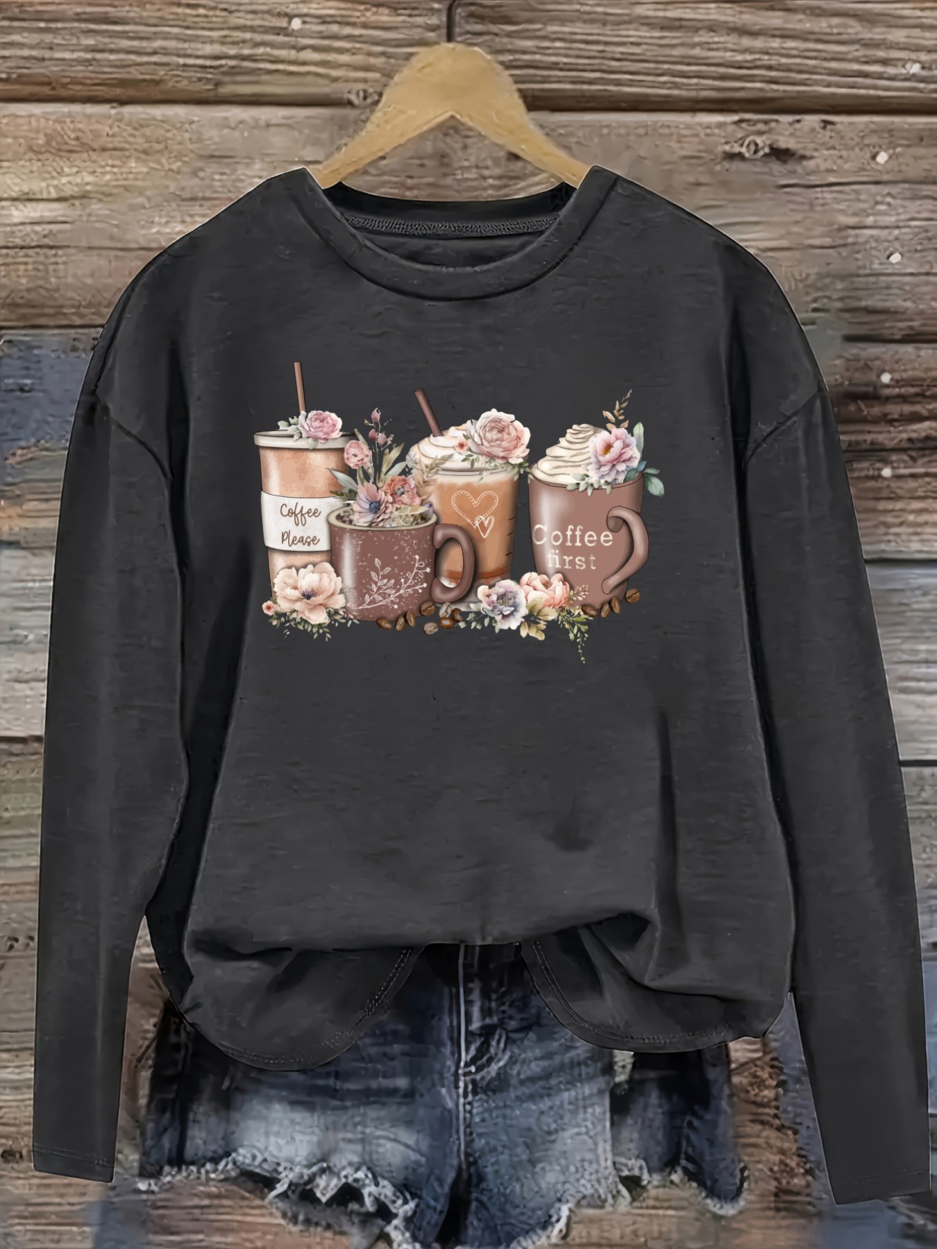 เสื้อยืดแขนยาวคอกลมลายดอกไม้แล - Coffee & Tea Ken'S House บทวิจารณ์และราคา