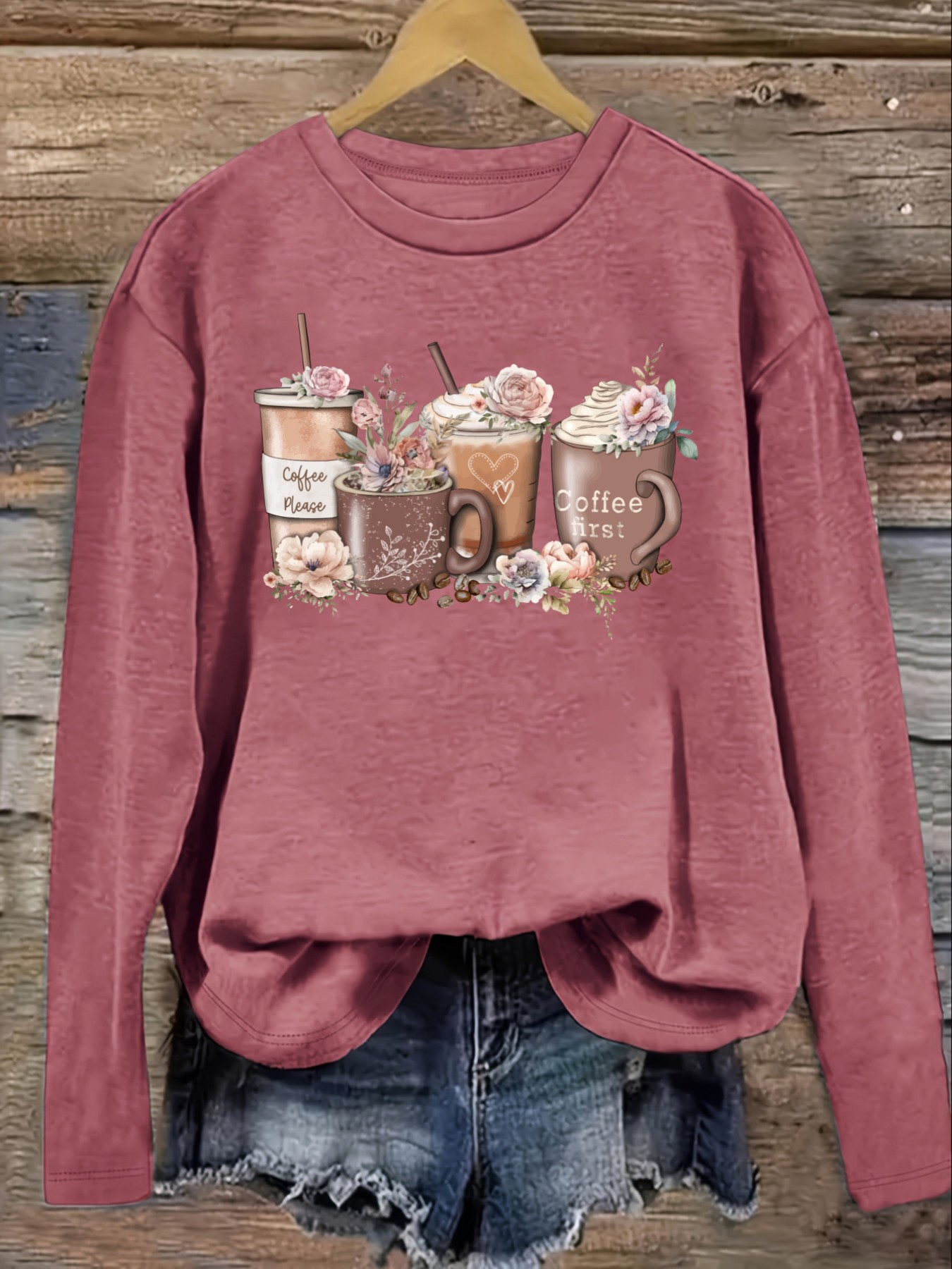 เสื้อยืดแขนยาวคอกลมลายดอกไม้แล - Coffee & Tea Ken'S House บทวิจารณ์และราคา